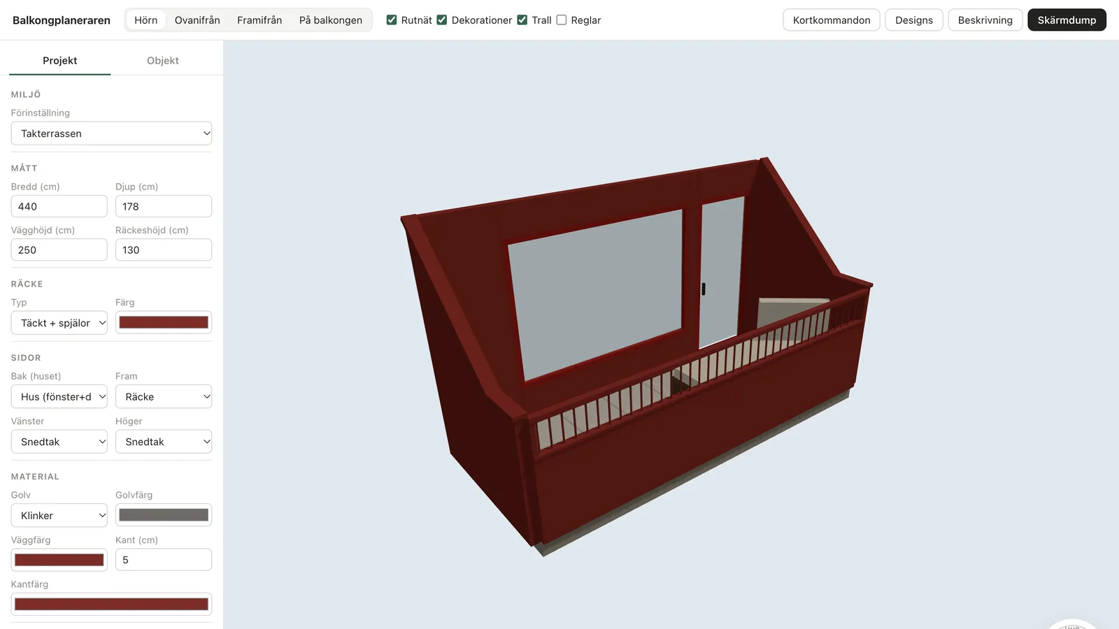 Balkongplaneraren, a 3D model of the roof terrace with the railing, window and door