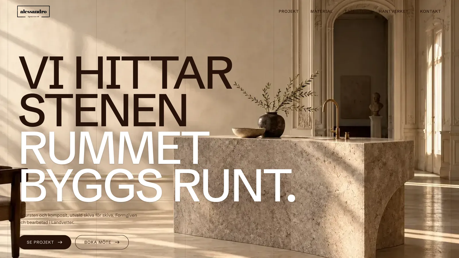 Signatursten start page: a stone kitchen island in a classic room under the line Vi hittar stenen rummet byggs runt